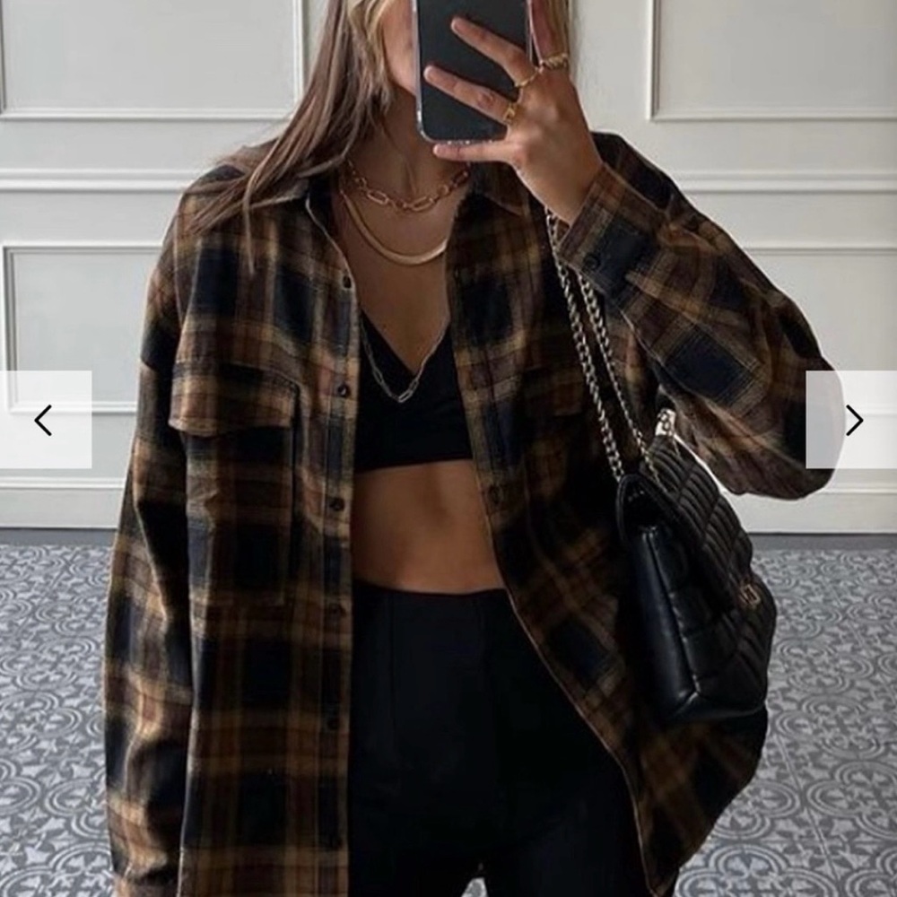 12th Tribe Fireside Women’s Brown Plaid Oversized Button-Up Shirt